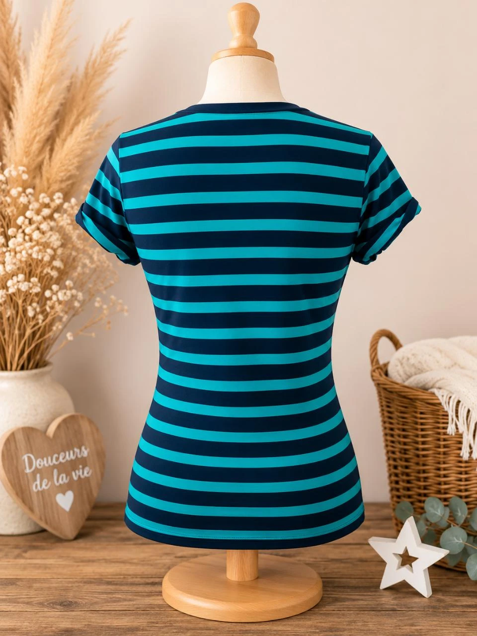 T-shirt maat 44 vrouw kleur turkoois en marineblauw – photo 2